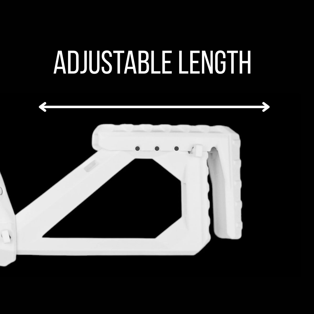 White adjustable length frame on a black background with text