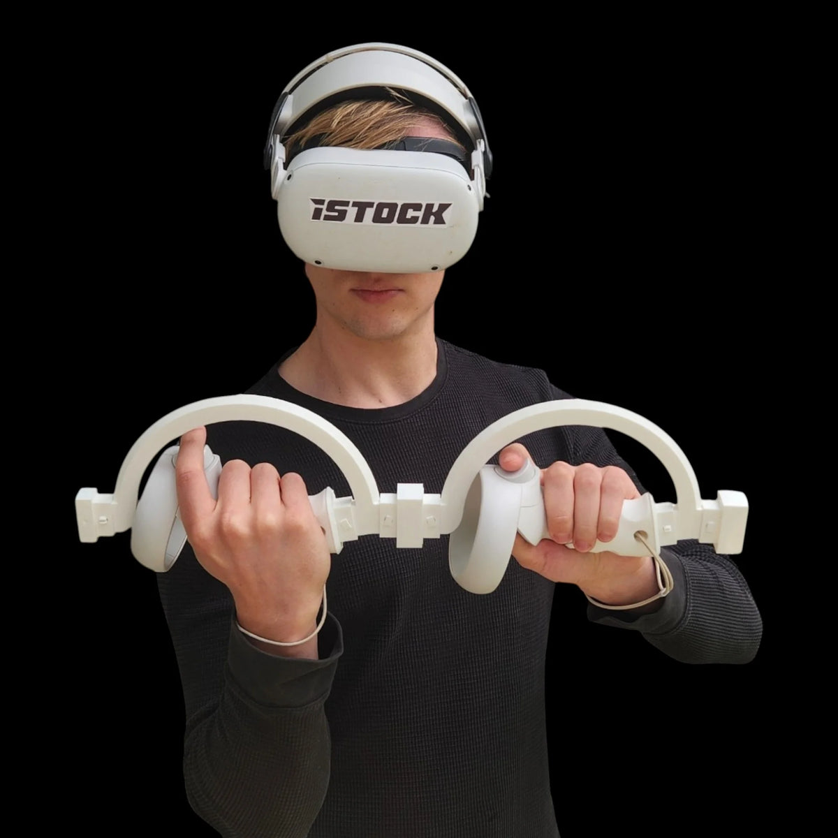 Man holding the ARC Sword attachment, front view with iSTOCK-branded headset
