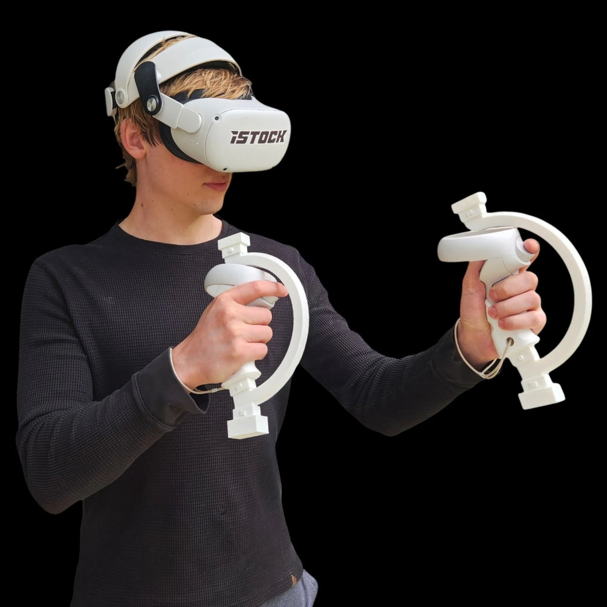 Man aiming the ARC Sword attachment to the side, one arm extended