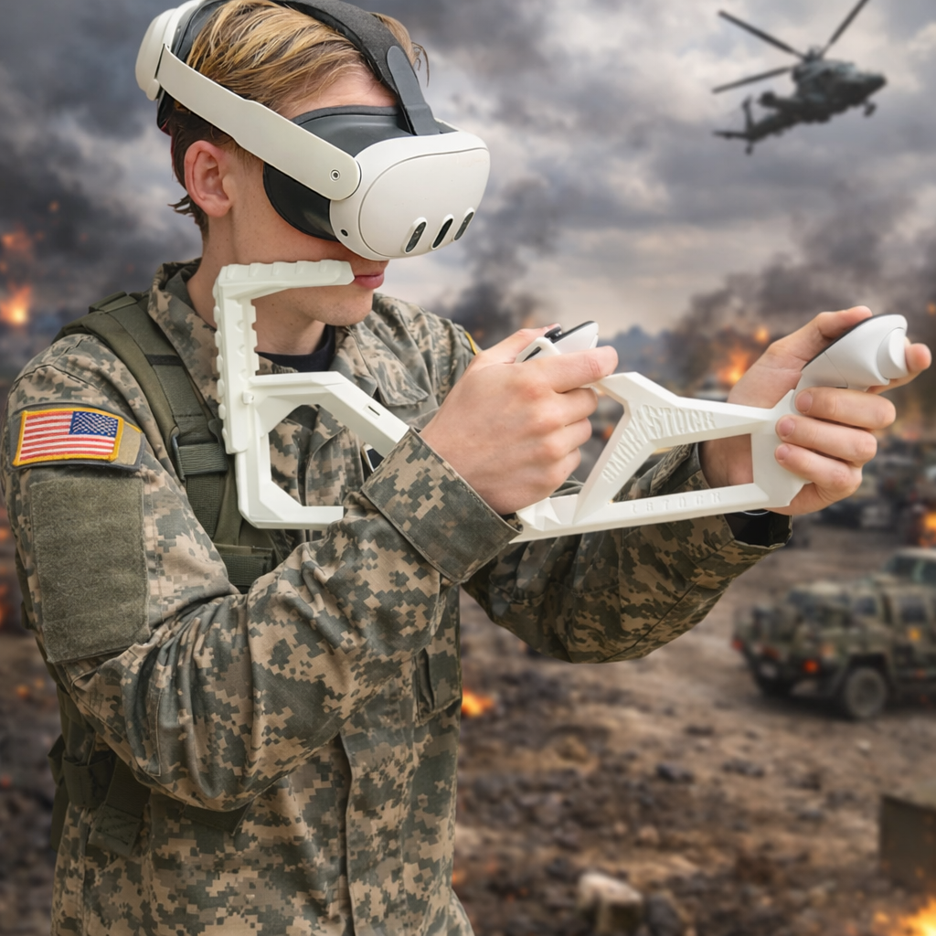 Person in military uniform using VR headset and controllers with a war-torn background