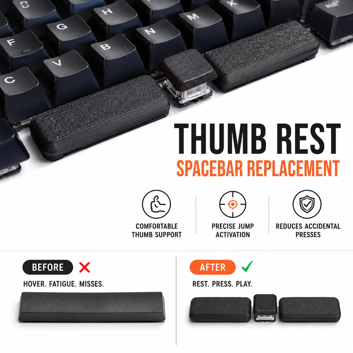 Before and after comparison of keyboard spacebar replaced with Restbar thumb rest pads