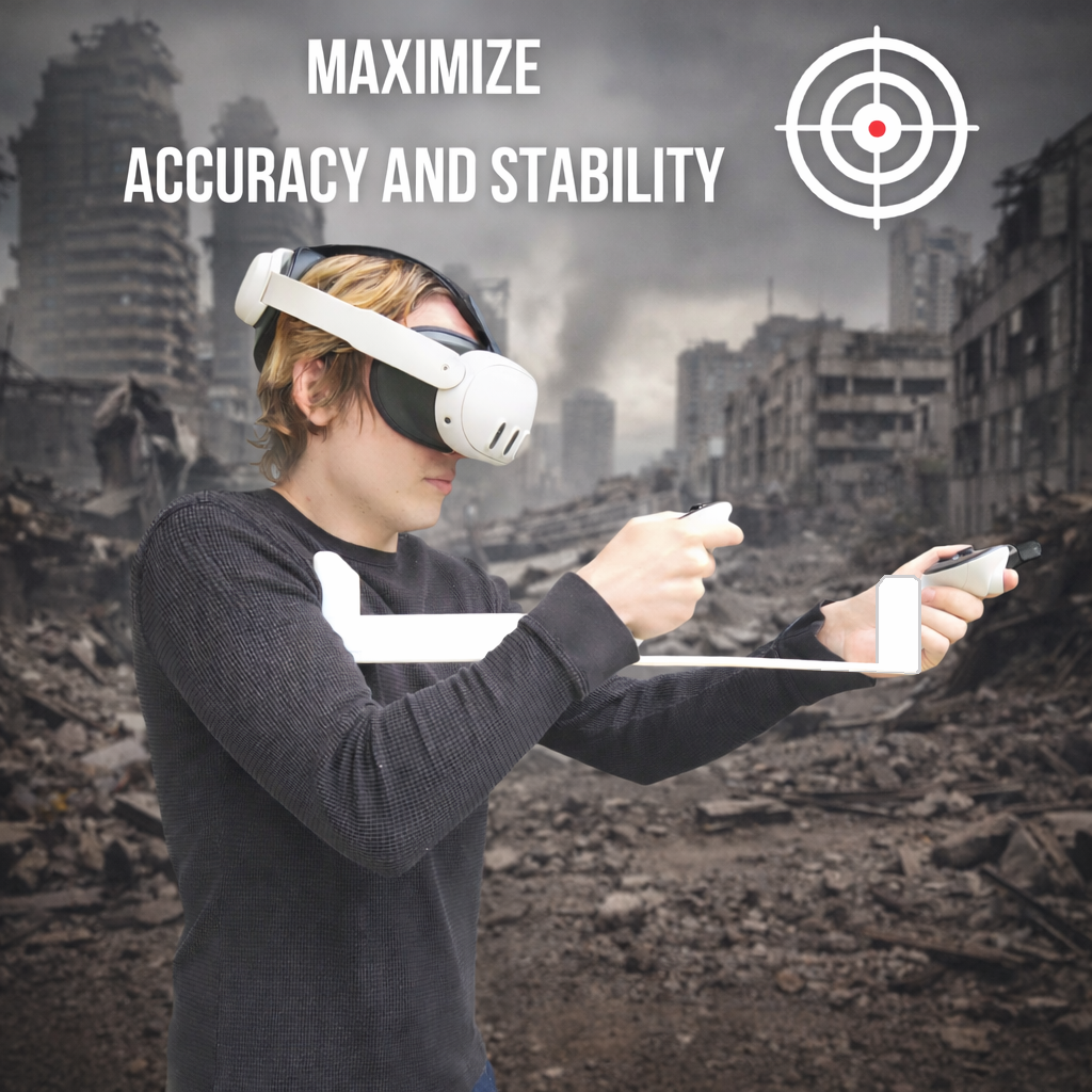 Person using VR gunstock and headset and controllers with 'Maximize Accuracy and Stability' text and target symbol in a post-apocalyptic setting.