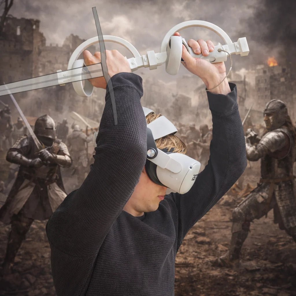 VR player raising a sword prop overhead using the ARC Sword attachment, medieval battlefield background
