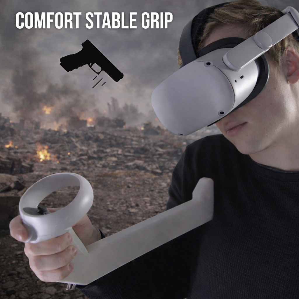 Person wearing a VR headset with a gun grip attachment, with a war-torn landscape in the background.