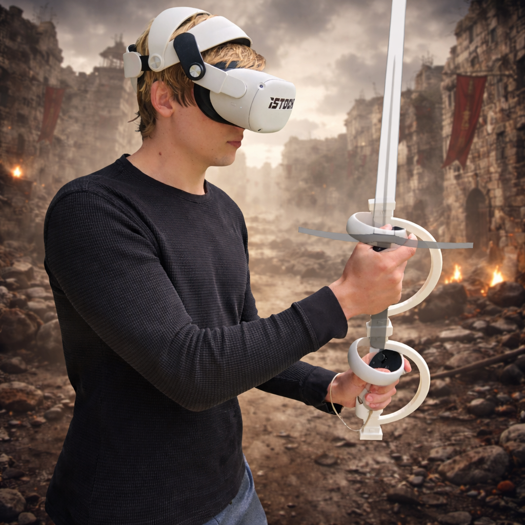 Person using a VR headset and sword controller in a fantasy setting with ruins and flags.