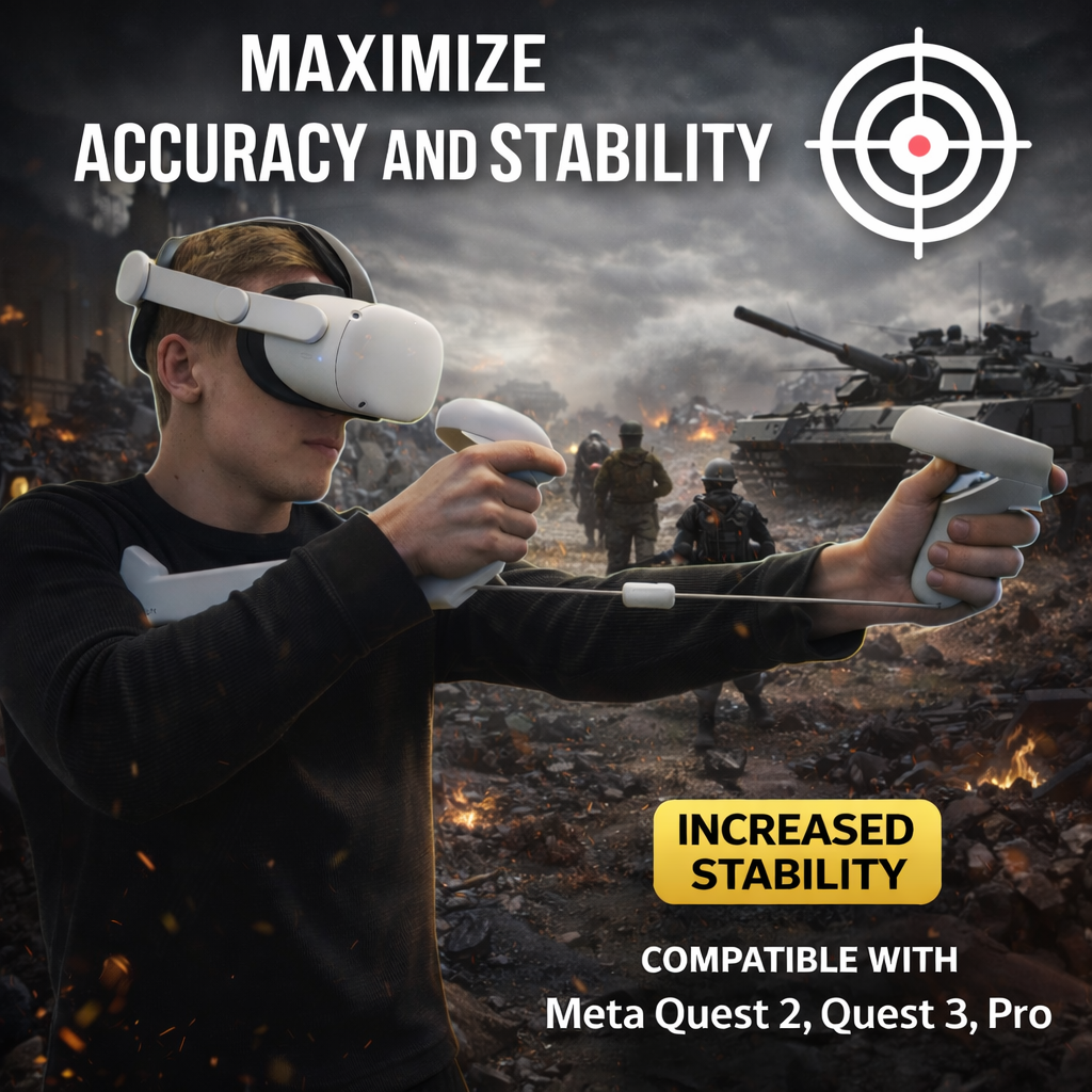 Person using VR goggles and controllers in a war-torn landscape with text about accuracy, stability, and compatibility with Meta Quest devices.