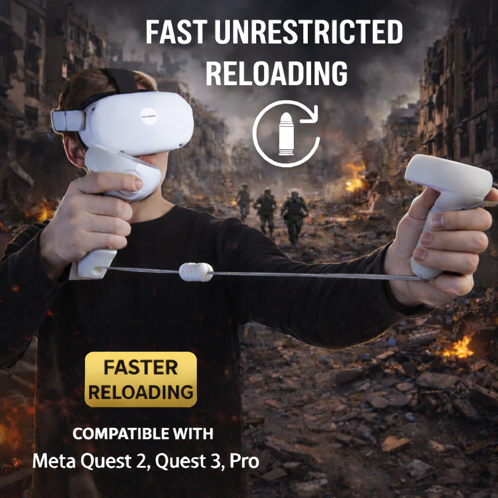 Person using VR headset and controllers with a post-apocalyptic background, featuring text about fast reloading.