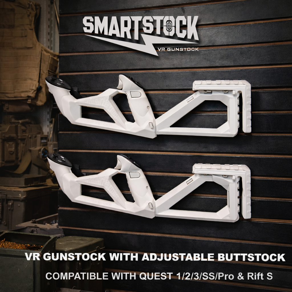 White VR gunstock with adjustable buttstock on a dark background, featuring SmartStock branding.