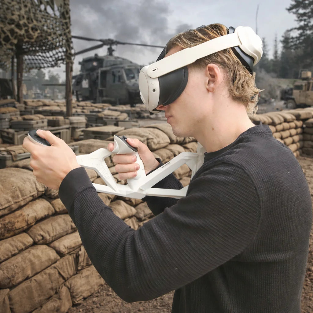 VR player in tactical gear aiming SmartStock gunstock near sandbags and military helicopter