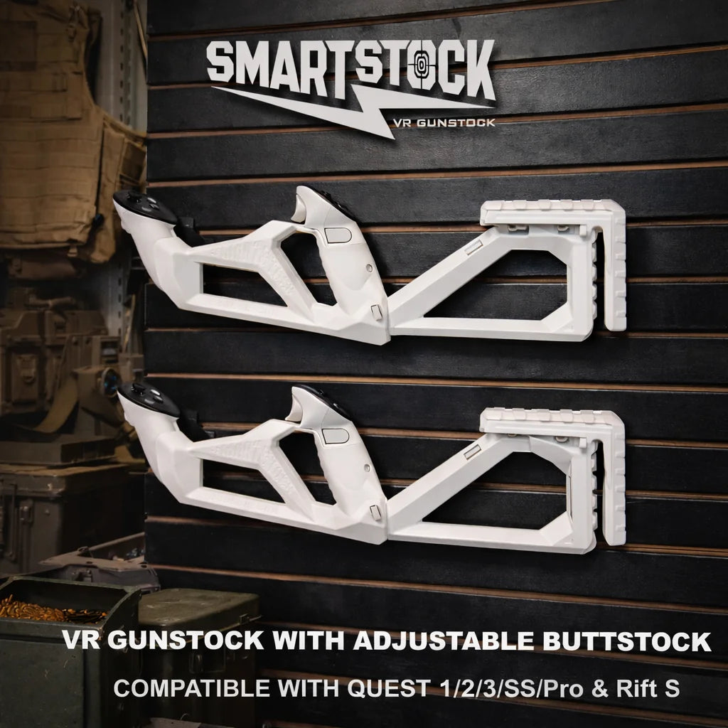 Two white SmartStock VR gunstocks mounted on a slatwall display, adjustable buttstock compatible with Quest 1/2/3