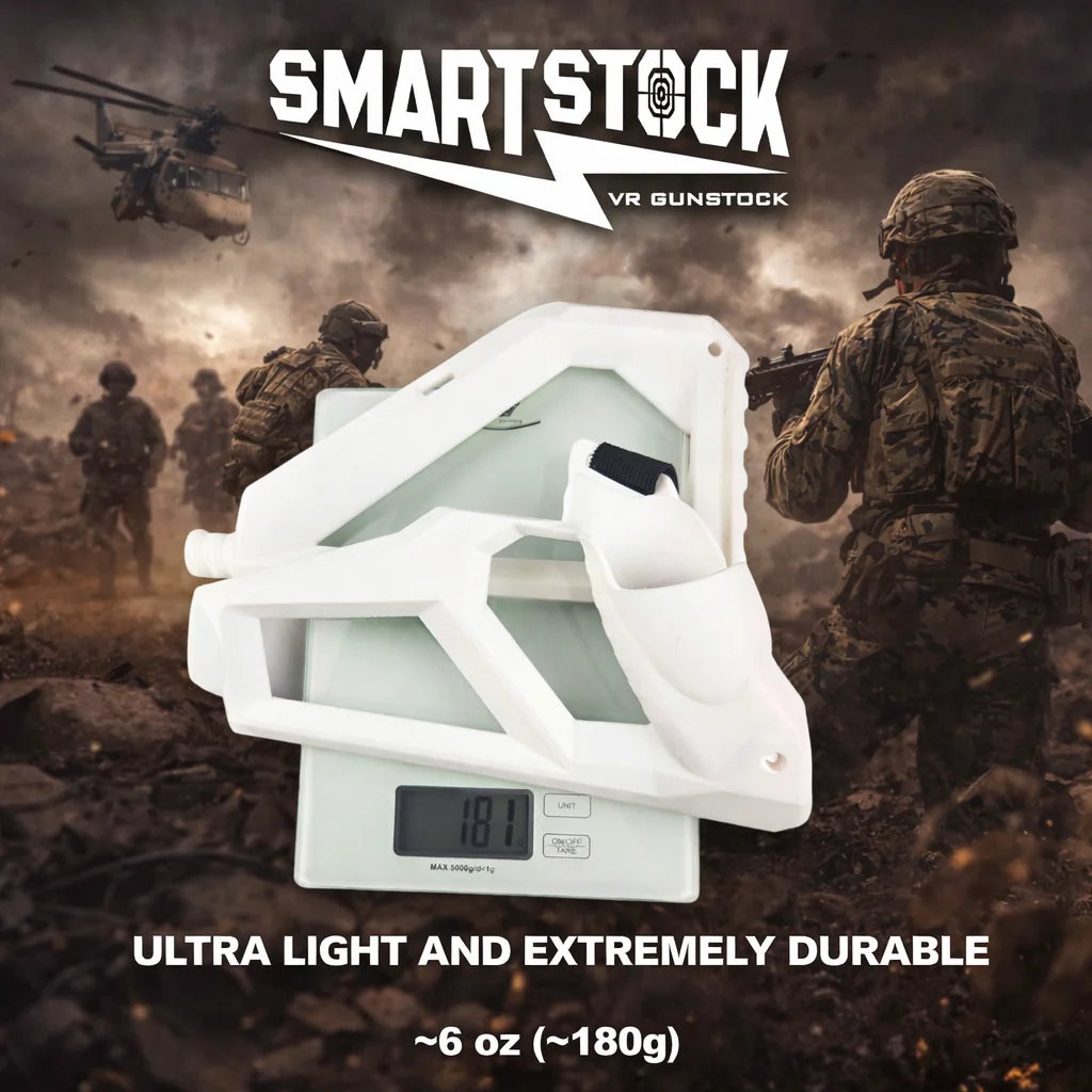 SmartStock VR gunstock weighed on a digital scale showing 181 grams, ultra light and durable