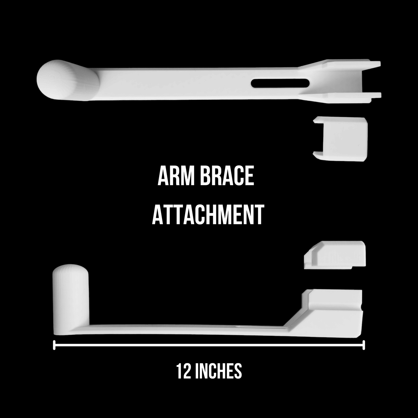 White arm brace attachment on a black background with text indicating '12 inches'.