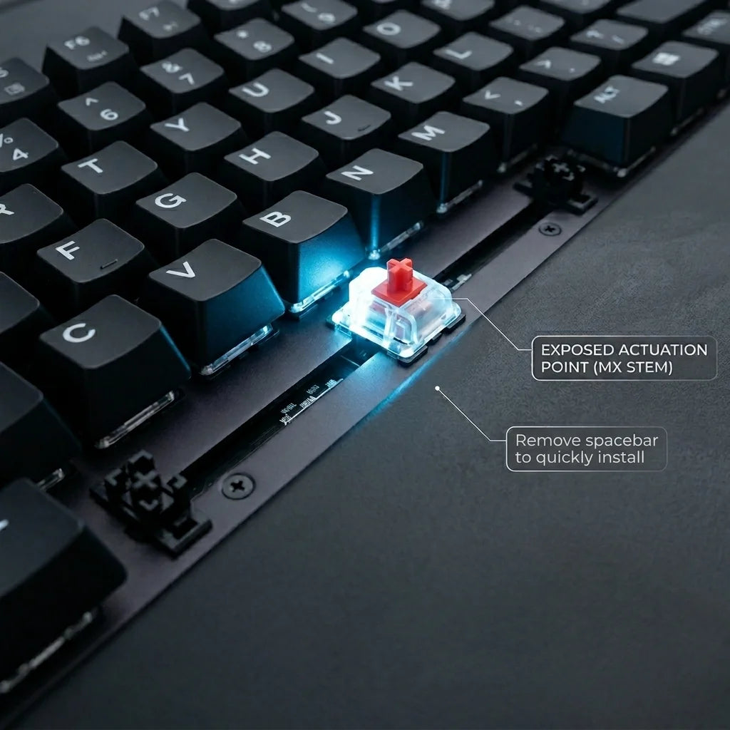 Keyboard spacebar area with red mechanical switch exposed, labeled actuation point for thumb rest installation