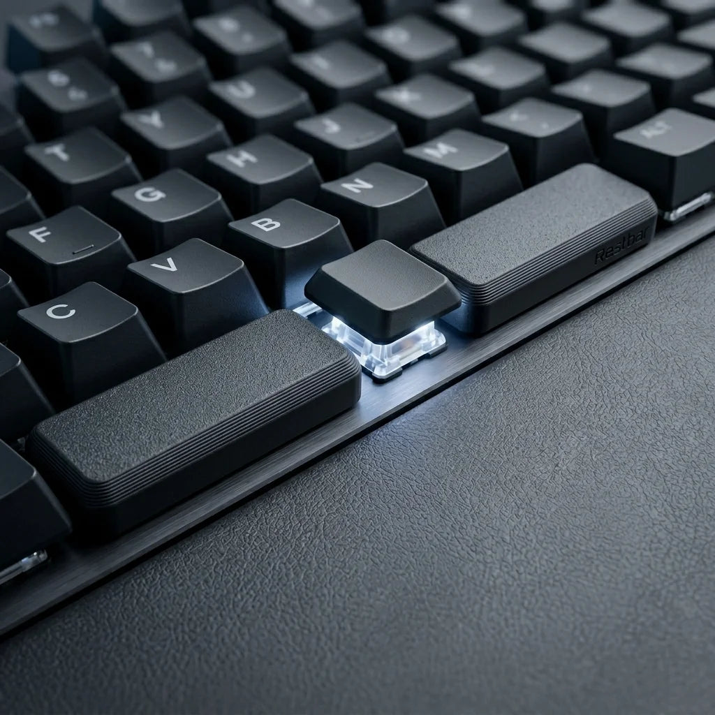 Close-up of black keyboard with two textured thumb rest pads replacing the spacebar