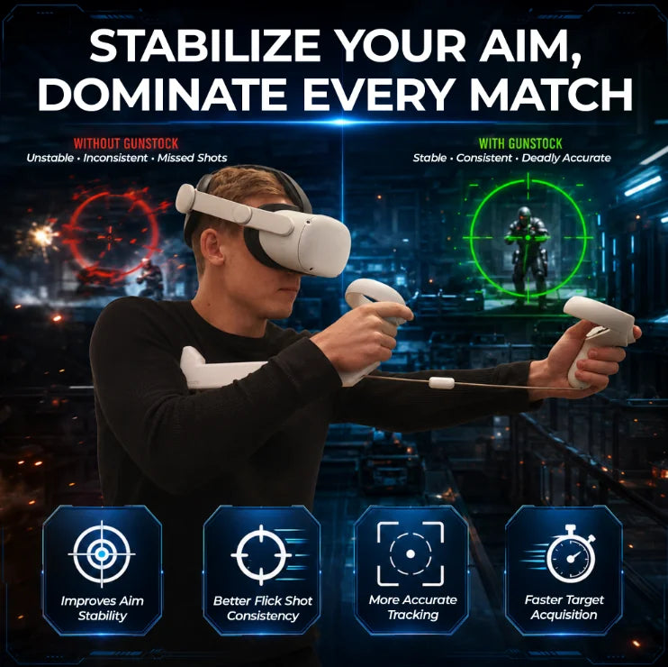 Man aiming VR controllers with iSTOCK gunstock attached, comparing stable aim vs unstable aim without it
