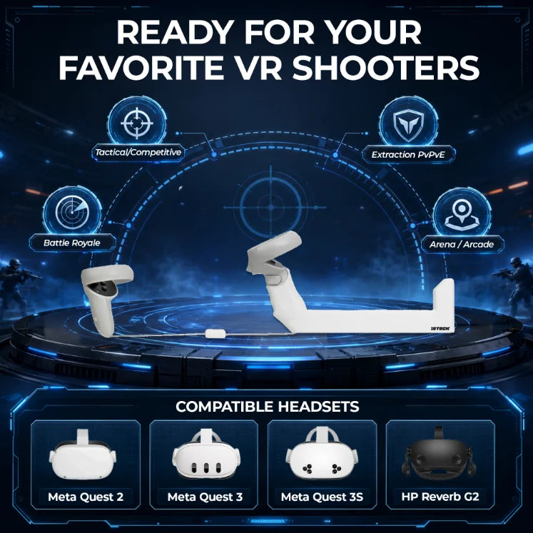 VR player aiming with iSTOCK gunstock, headline: stabilize your aim, dominate every match