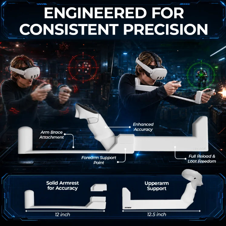 Man aiming VR controllers with iSTOCK gunstock attached, comparing stable aim vs unstable aim without it