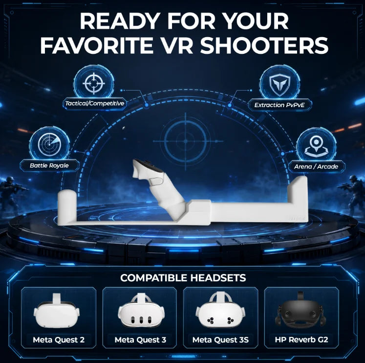 A white VR headset mounted on a white display stand, shown on a dark blue futuristic gaming-themed background with the text 'READY FOR YOUR FAVORITE VR SHOOTERS' and 'COMPATIBLE HEADSETS' listing Meta Quest 2, Meta Quest 3, Meta Quest 3S, and HP Reverb C2.