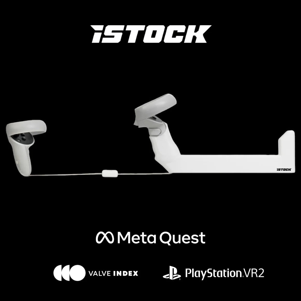 iSTOCK VR Gunstock logo with Meta Quest, Valve Index, and PlayStation VR2 compatibility badges