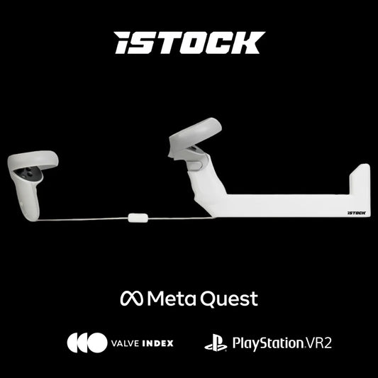 iSTOCK VR Gunstock logo with Meta Quest, Valve Index, and PlayStation VR2 compatibility badges