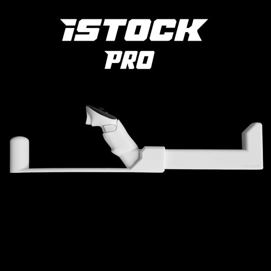 iSTOCK PRO VR  GUNSTOCK ON BLACK BACKGROUND. iSTOCK LOGO on top