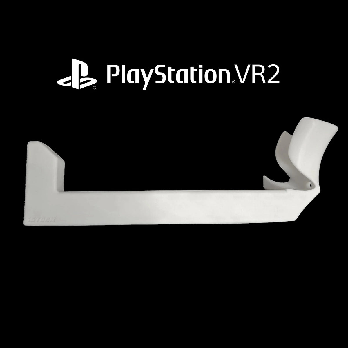 White iSTOCK VR gunstock attachment shown with PlayStation VR2 compatibility logo
