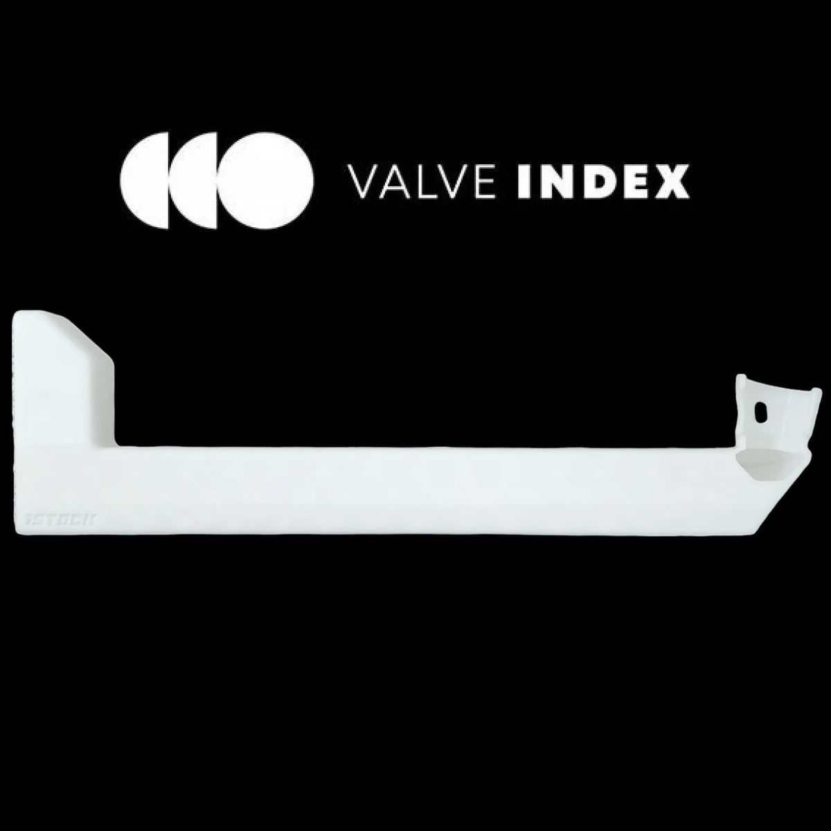 White iSTOCK VR gunstock attachment shown with Valve Index compatibility logo